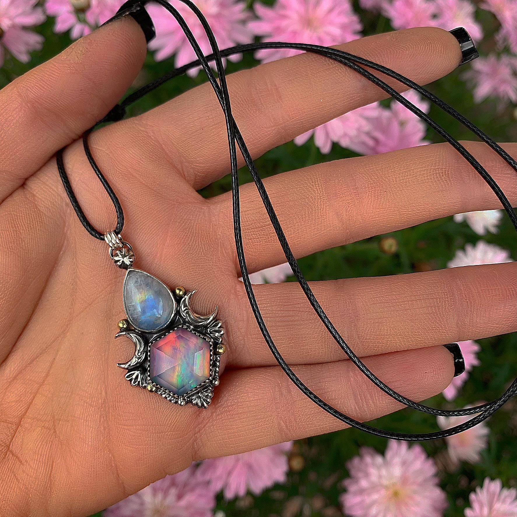 Moonstone & Rose Cut Clear Quartz with Aurora Opal Pendant - Sterling Silver
