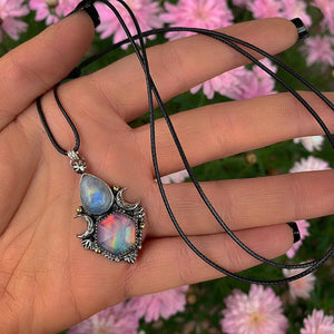 Moonstone & Rose Cut Clear Quartz with Aurora Opal Pendant - Sterling Silver