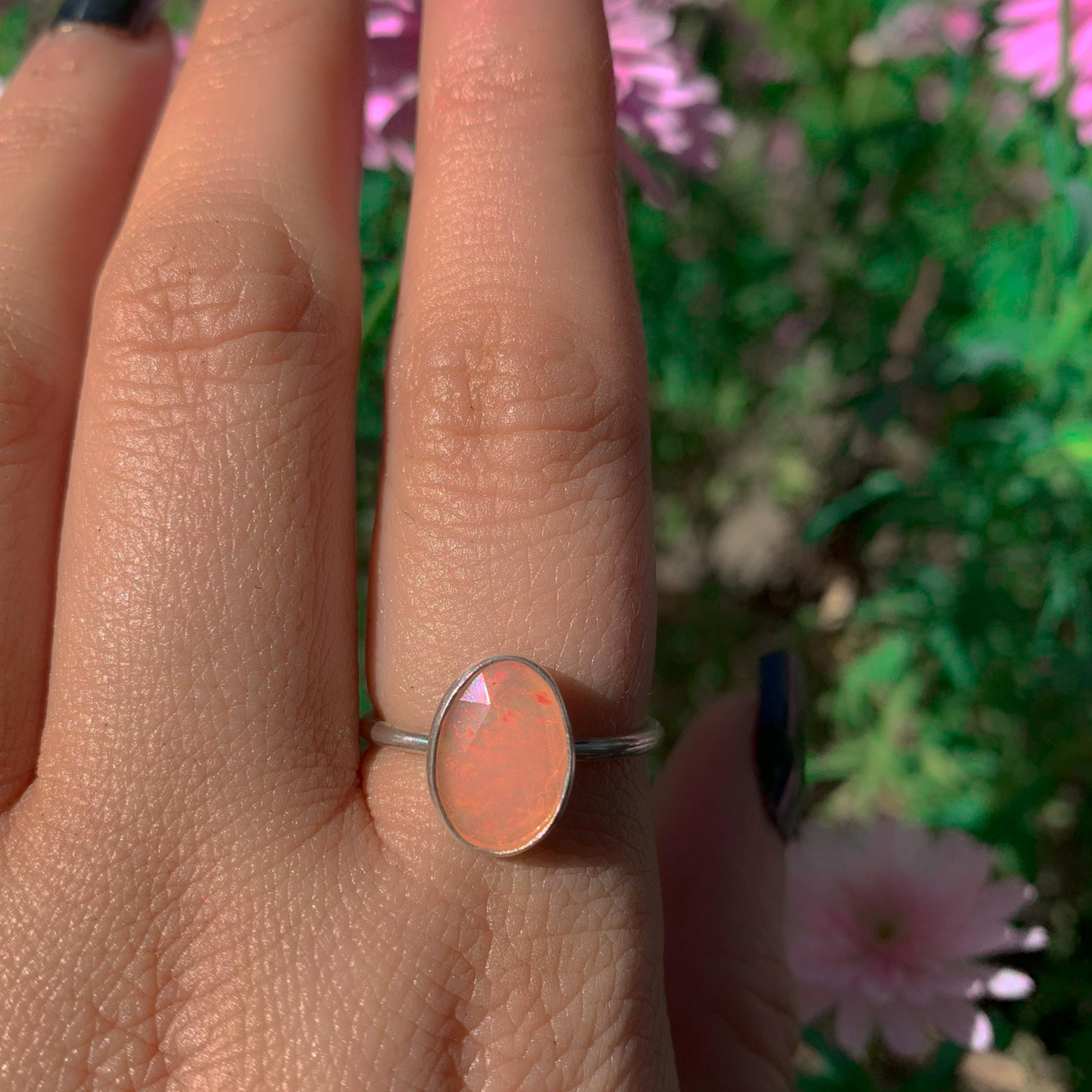 Rose Cut Peach-Pink Opal Ring - Size 8 - Sterling Silver