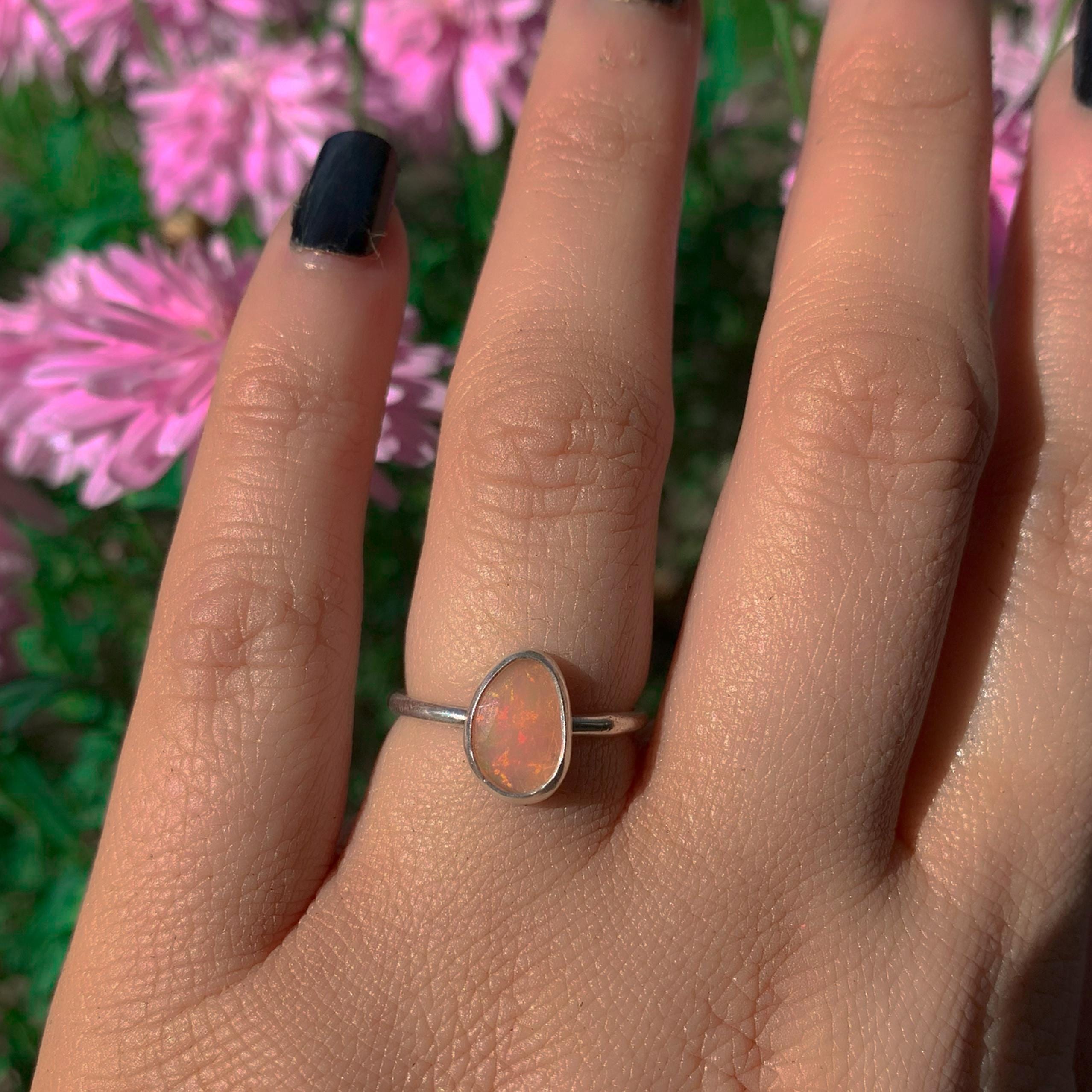 Rose Cut Peach-Pink Opal Ring - Size 6 1/4 - Sterling Silver
