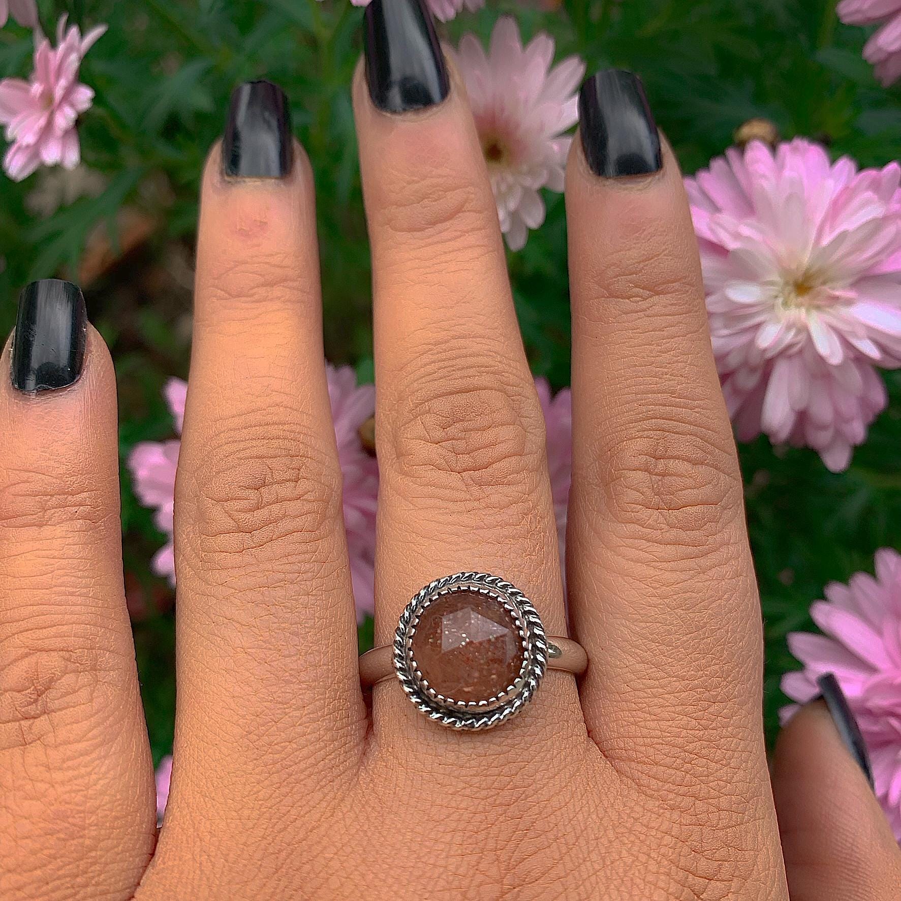 Rose Cut Sunstone Ring - Size 12 - Sterling Silver