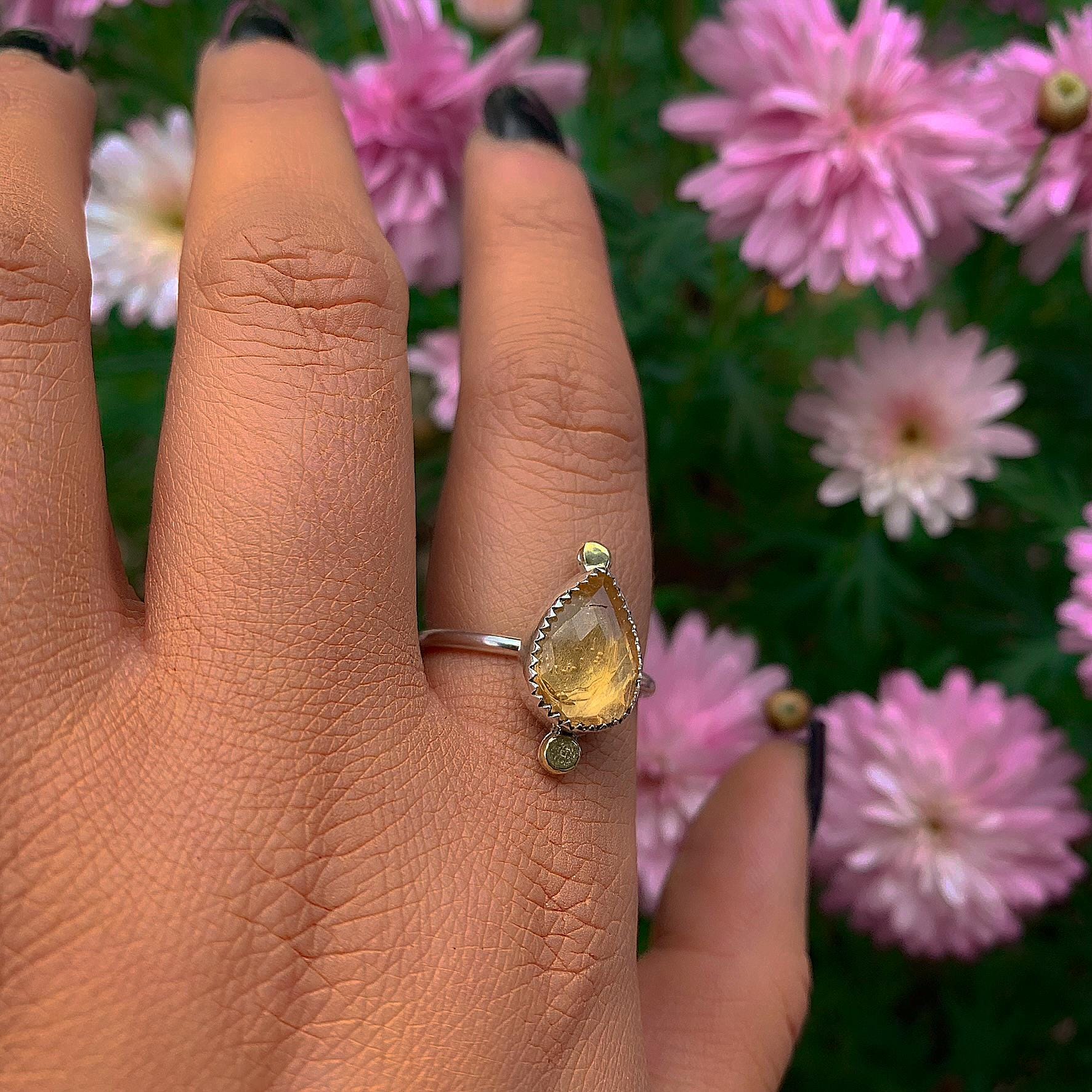 Rose Cut Citrine Ring - Size 9 to 9 1/4 - Sterling Silver