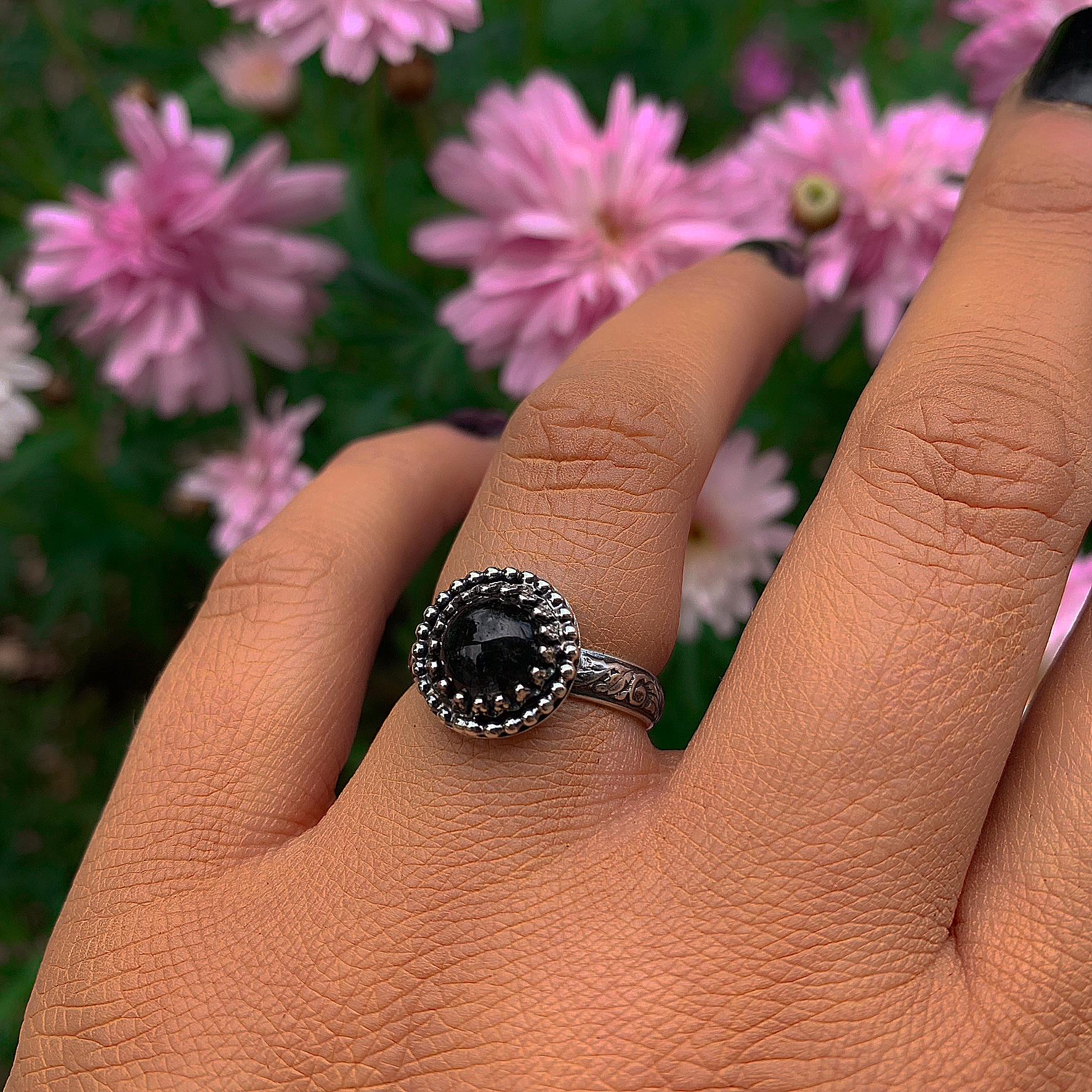 Black Rutilated Quartz Ring - Size 6 - Sterling Silver