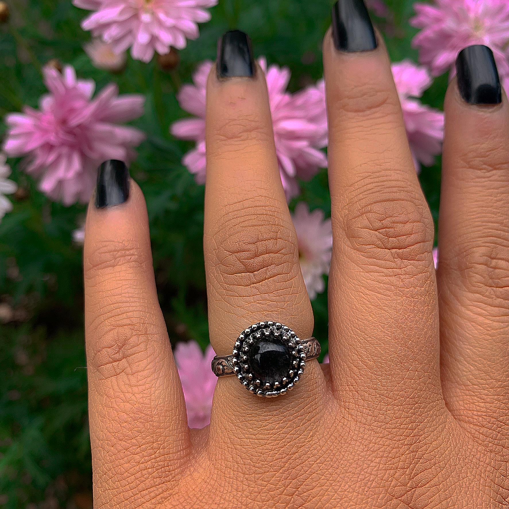 Black Rutilated Quartz Ring - Size 6 - Sterling Silver