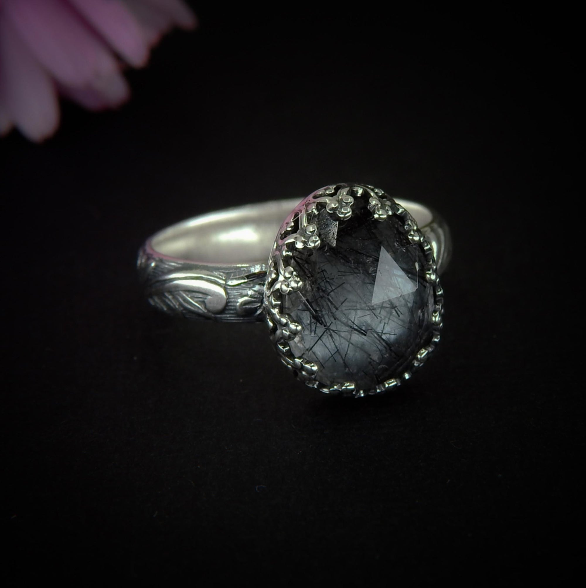 Rose Cut Black Rutilated Quartz Ring, Sterling Silver, Size 8