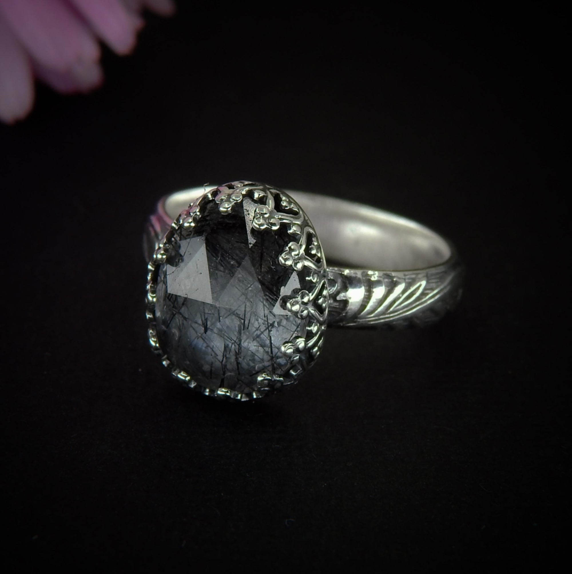 Rose Cut Black Rutilated Quartz Ring, Sterling Silver, Size 8