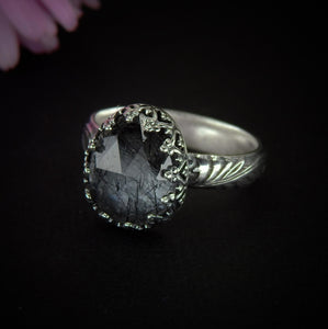 Rose Cut Black Rutilated Quartz Ring, Sterling Silver, Size 8