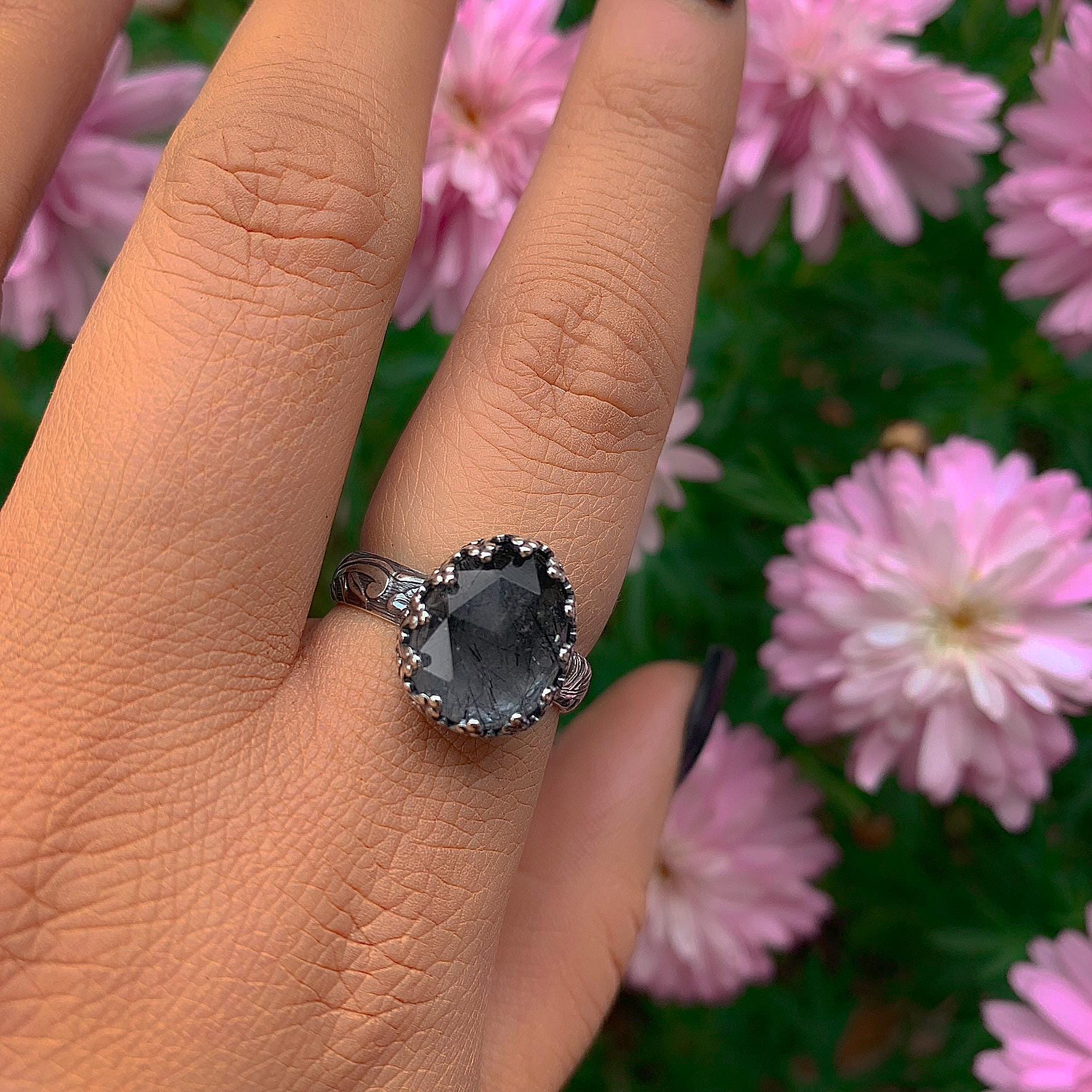 Rose Cut Black Rutilated Quartz Ring, Sterling Silver, Size 8
