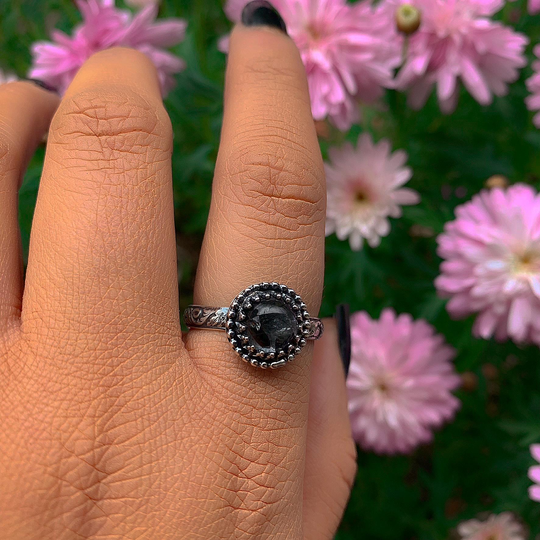 Black Rutilated Quartz Ring - Size 9 - Sterling Silver