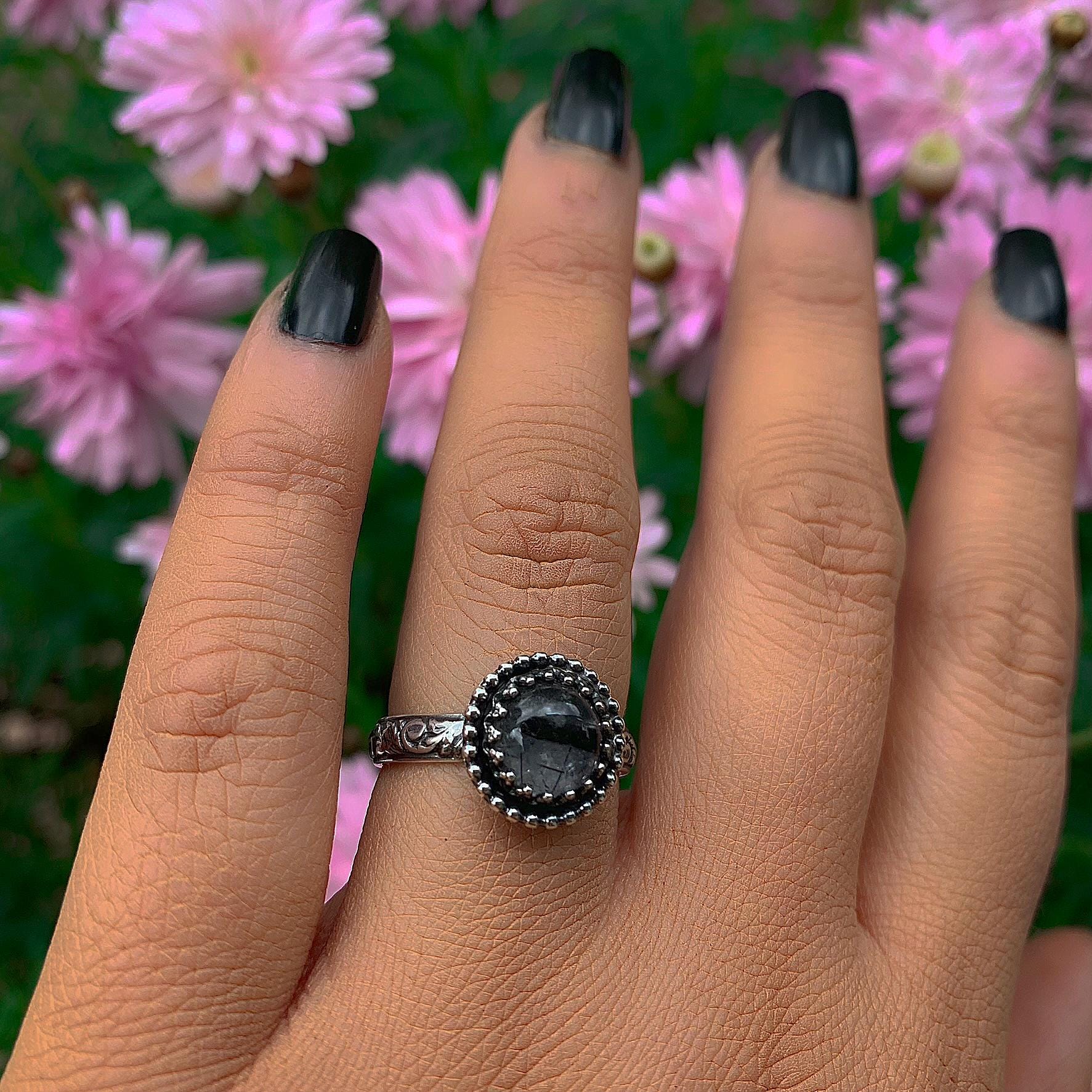 Black Rutilated Quartz Ring - Size 7 1/4 - Sterling Silver