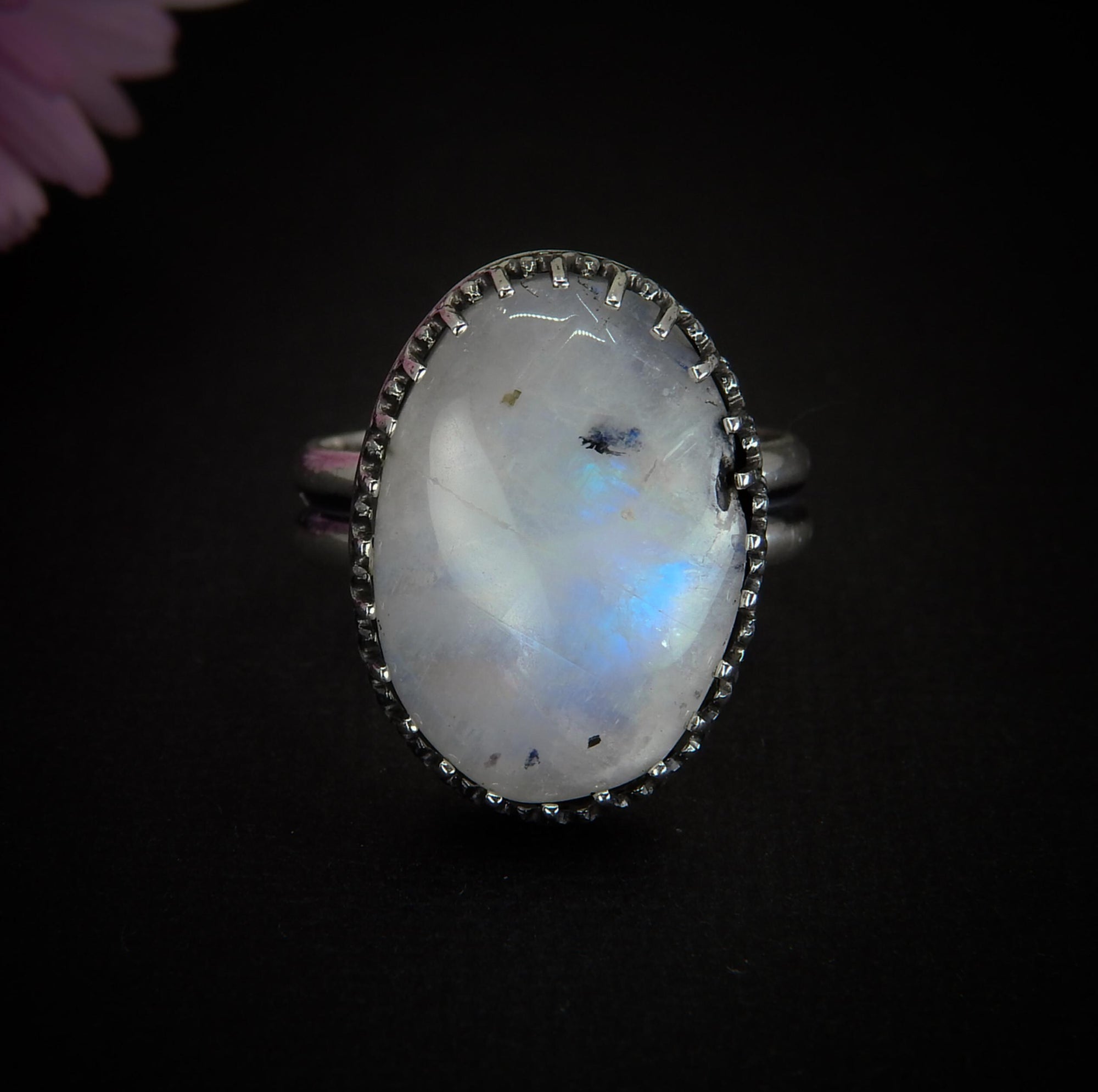Moonstone & Black Tourmaline Ring - Size 9 1/2 - Sterling Silver