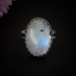 Moonstone & Black Tourmaline Ring - Size 9 1/2 - Sterling Silver