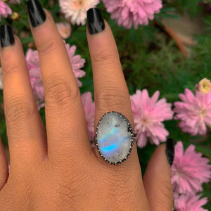 Moonstone & Black Tourmaline Ring - Size 9 1/2 - Sterling Silver