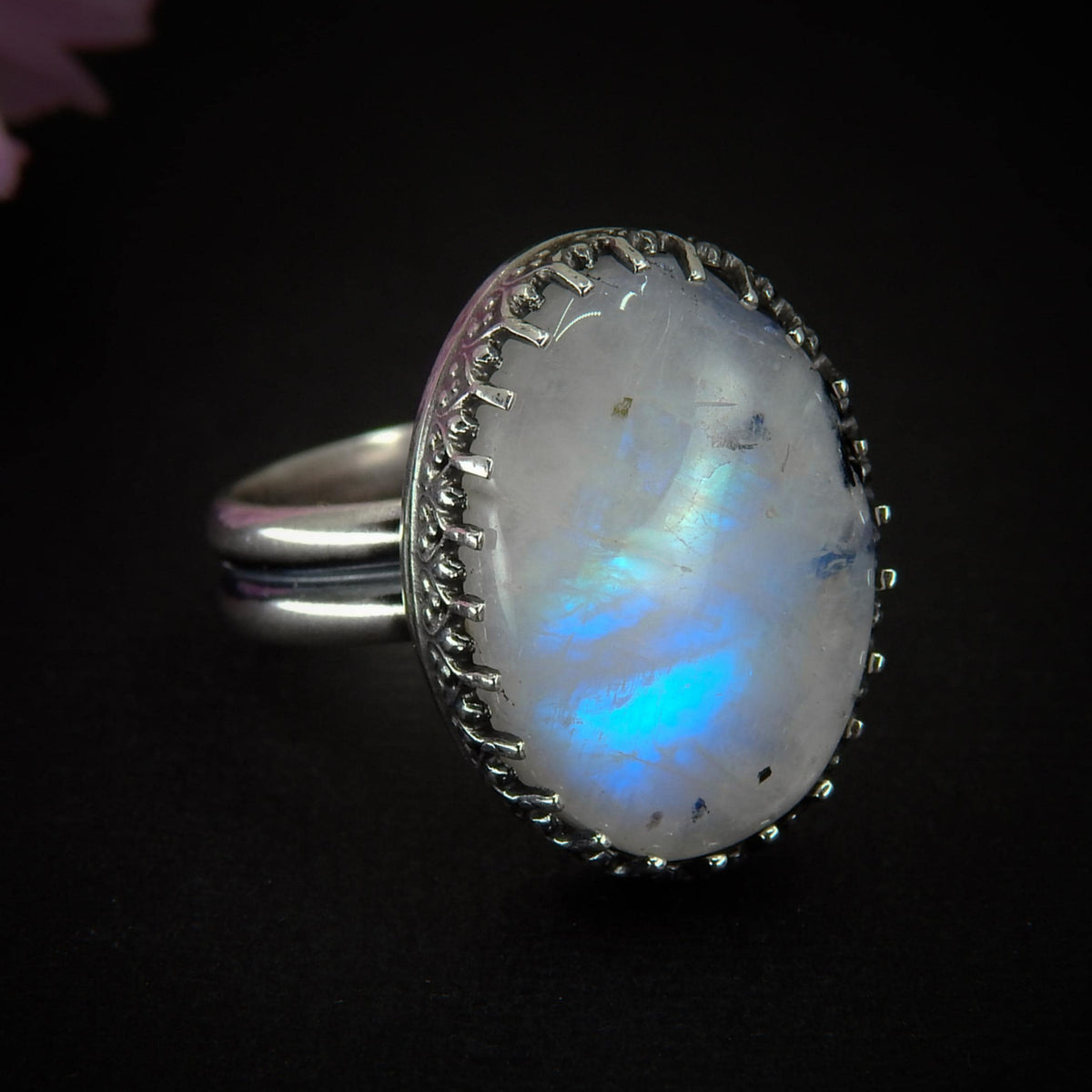 Moonstone & Black Tourmaline Ring - Size 9 1/2 - Sterling Silver