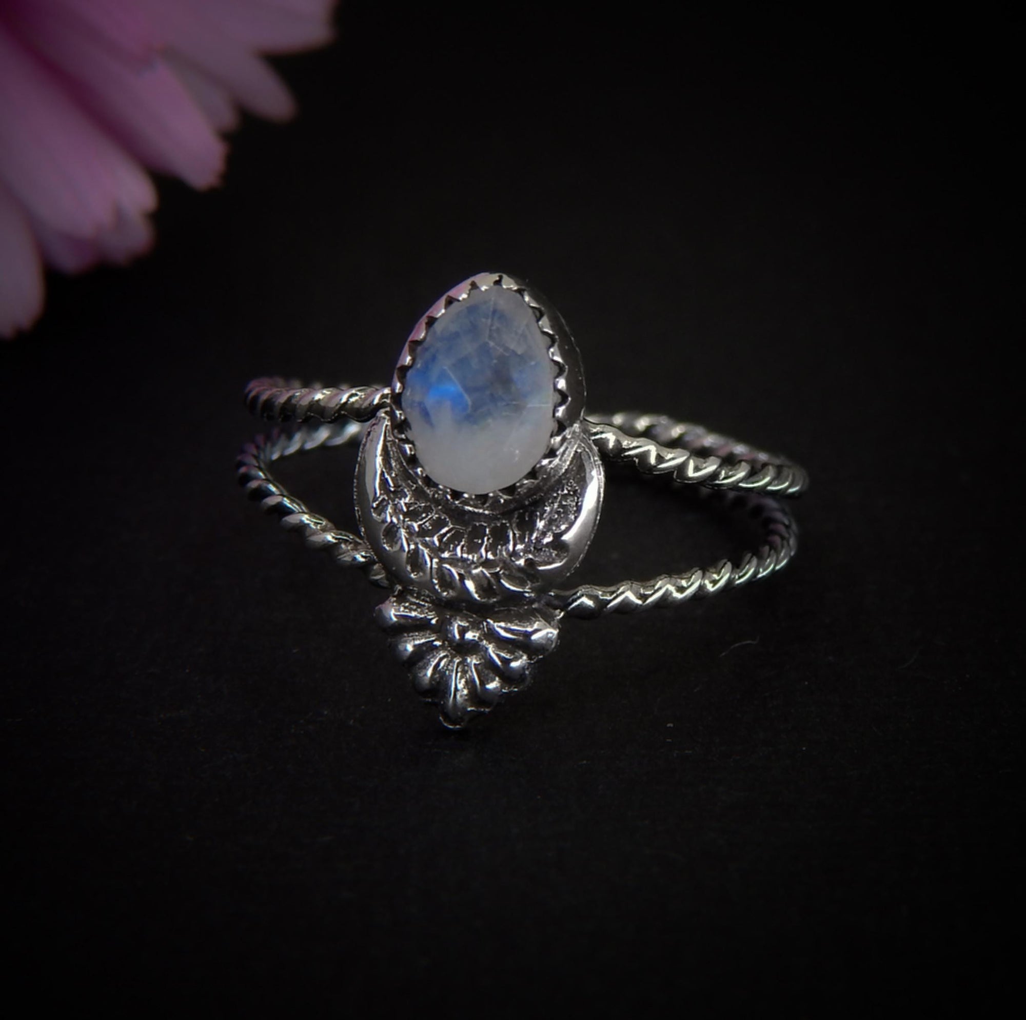 Rose Cut Moonstone Ring - Size 8 - Sterling Silver