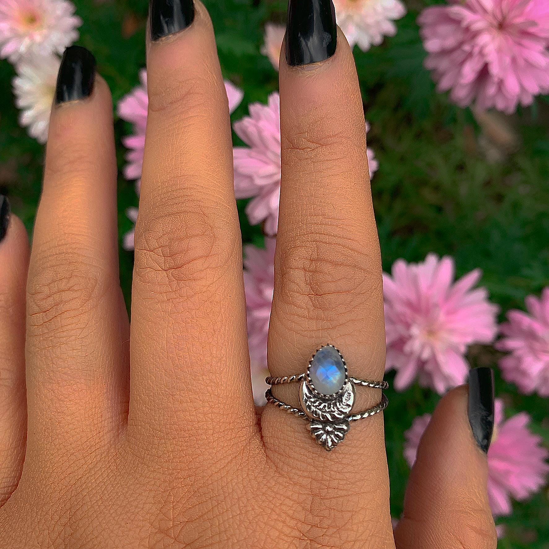 Rose Cut Moonstone Ring - Size 8 - Sterling Silver