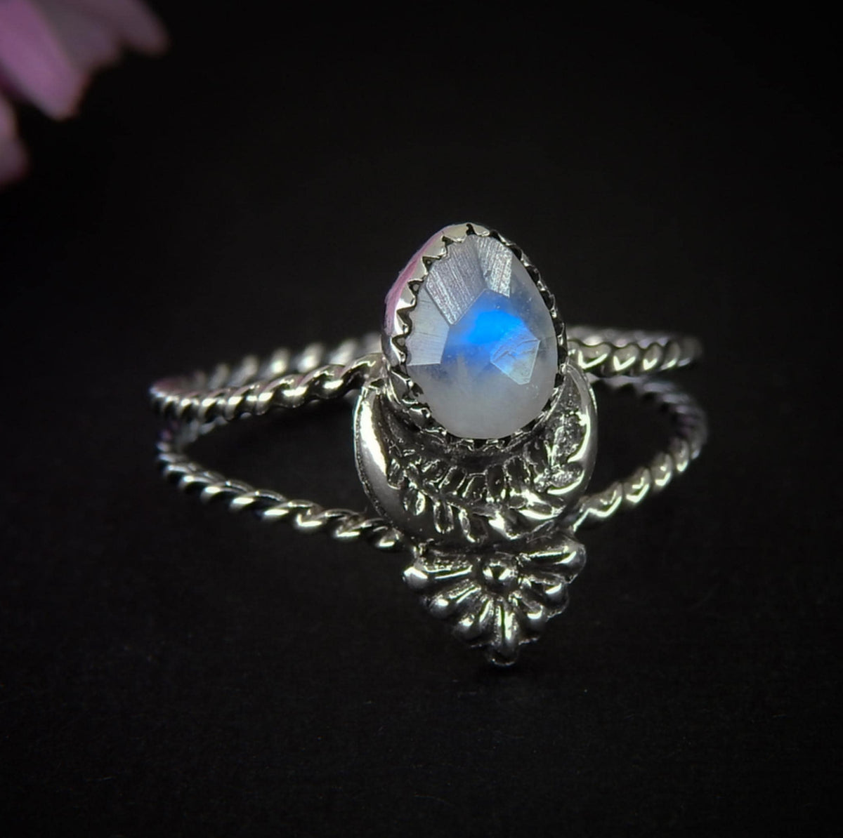 Rose Cut Moonstone Ring - Size 8 - Sterling Silver