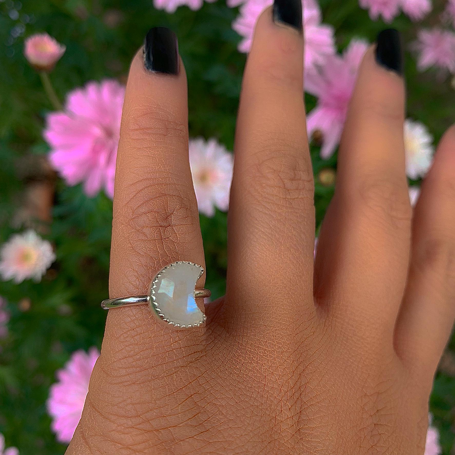 Moonstone Moon Ring - Size 5 1/2 - Sterling Silver