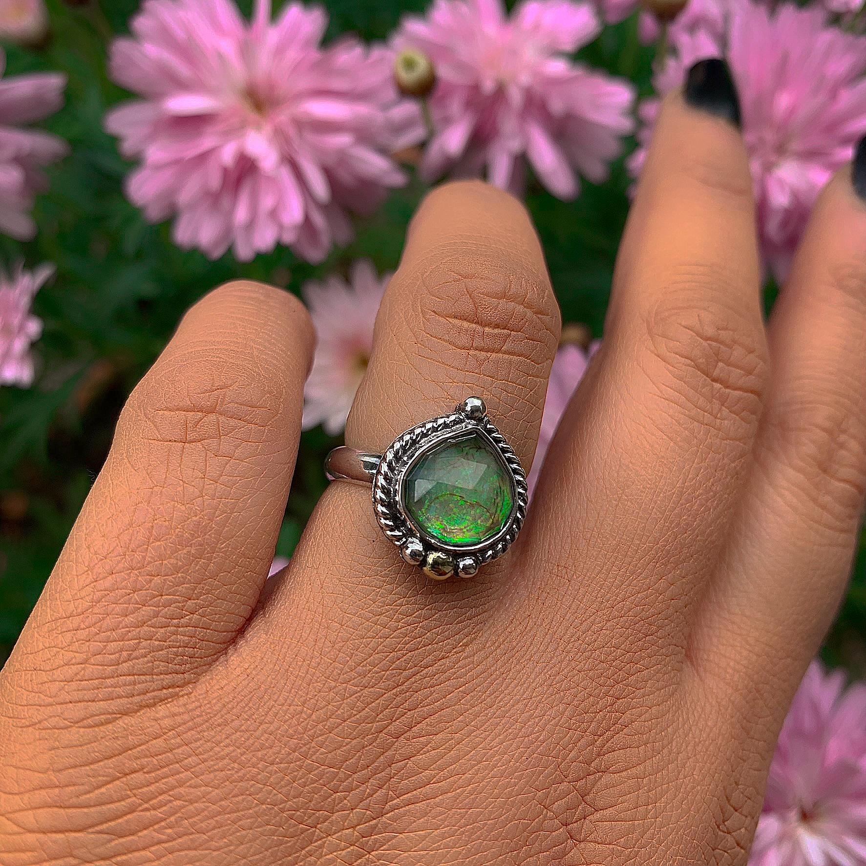 Rose Cut Clear Quartz & Monarch Opal Ring - Size 6 to 6 1/4 - Sterling Silver