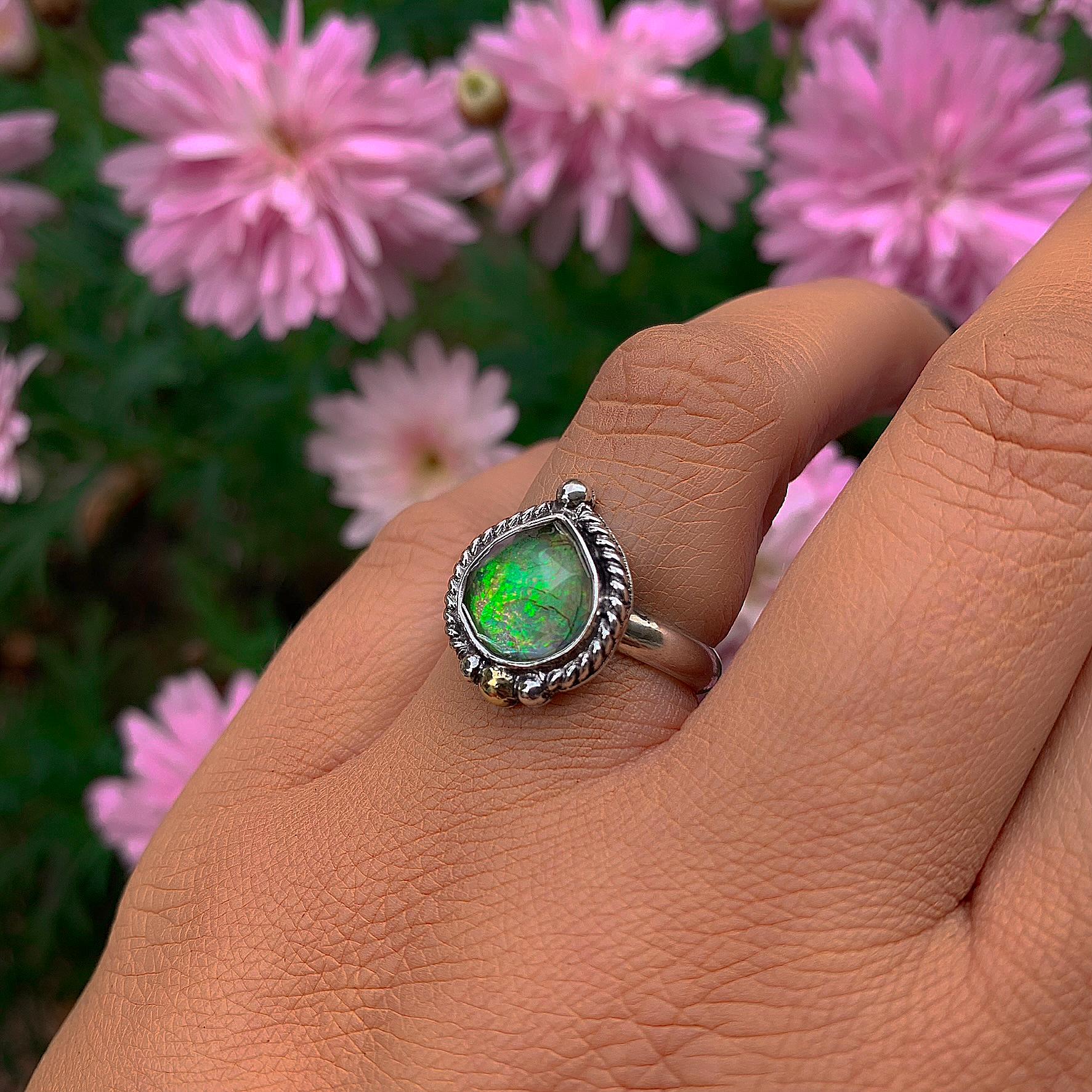 Rose Cut Clear Quartz & Monarch Opal Ring - Size 6 to 6 1/4 - Sterling Silver