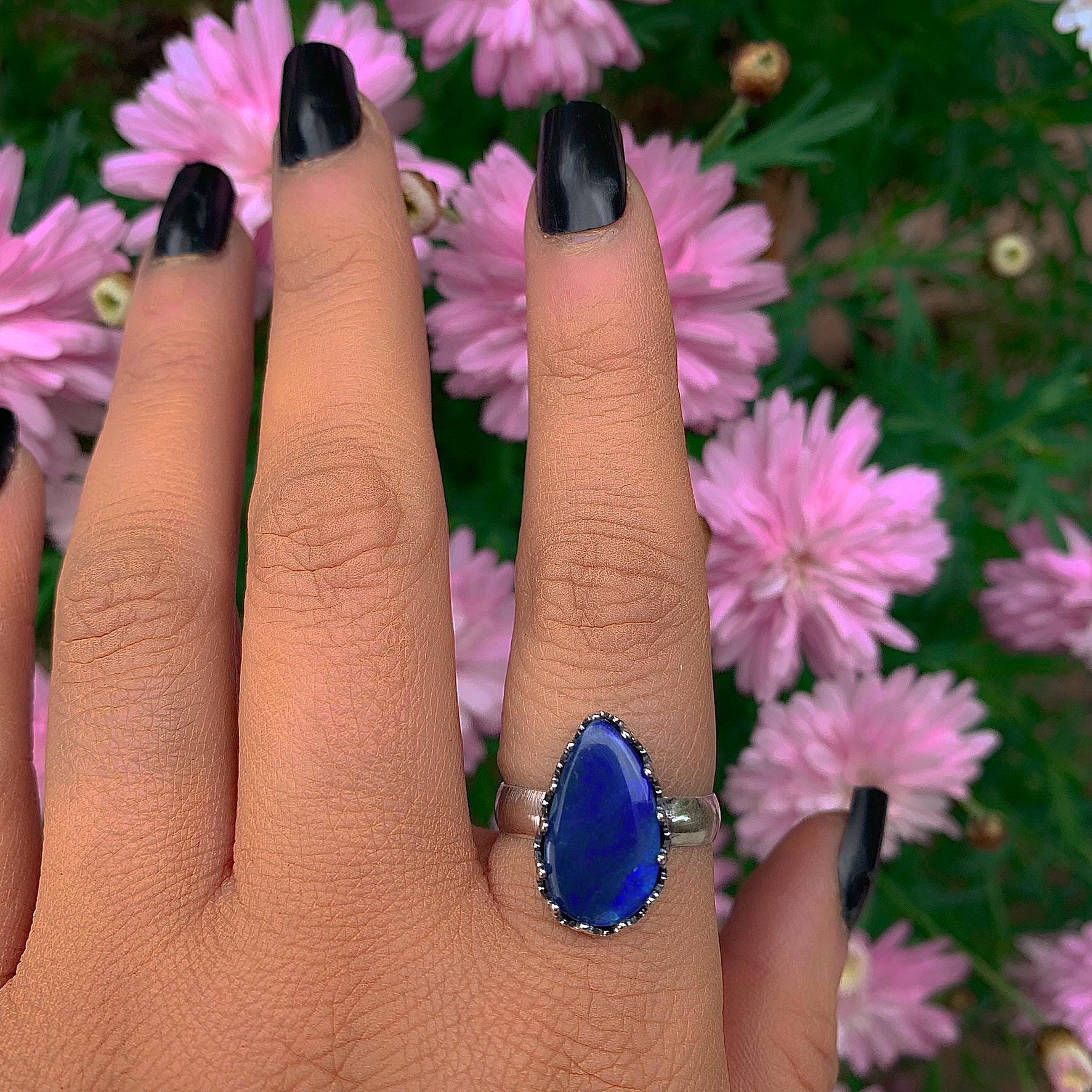 Blue Australian Opal Ring - Size 8 1/4 to 8 1/2 - Sterling Silver