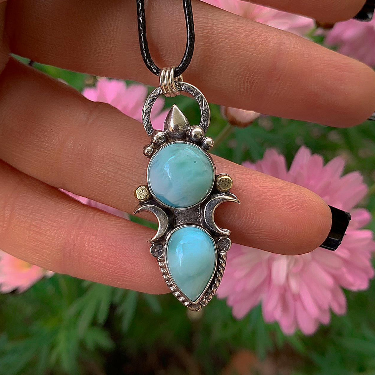 Double Larimar Moon Pendant - Sterling Silver