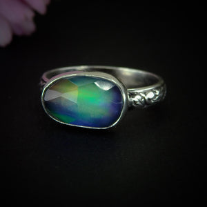 Rose Cut Clear Quartz & Aurora Opal Ring - Size 7 to 7 1/4 - Sterling Silver