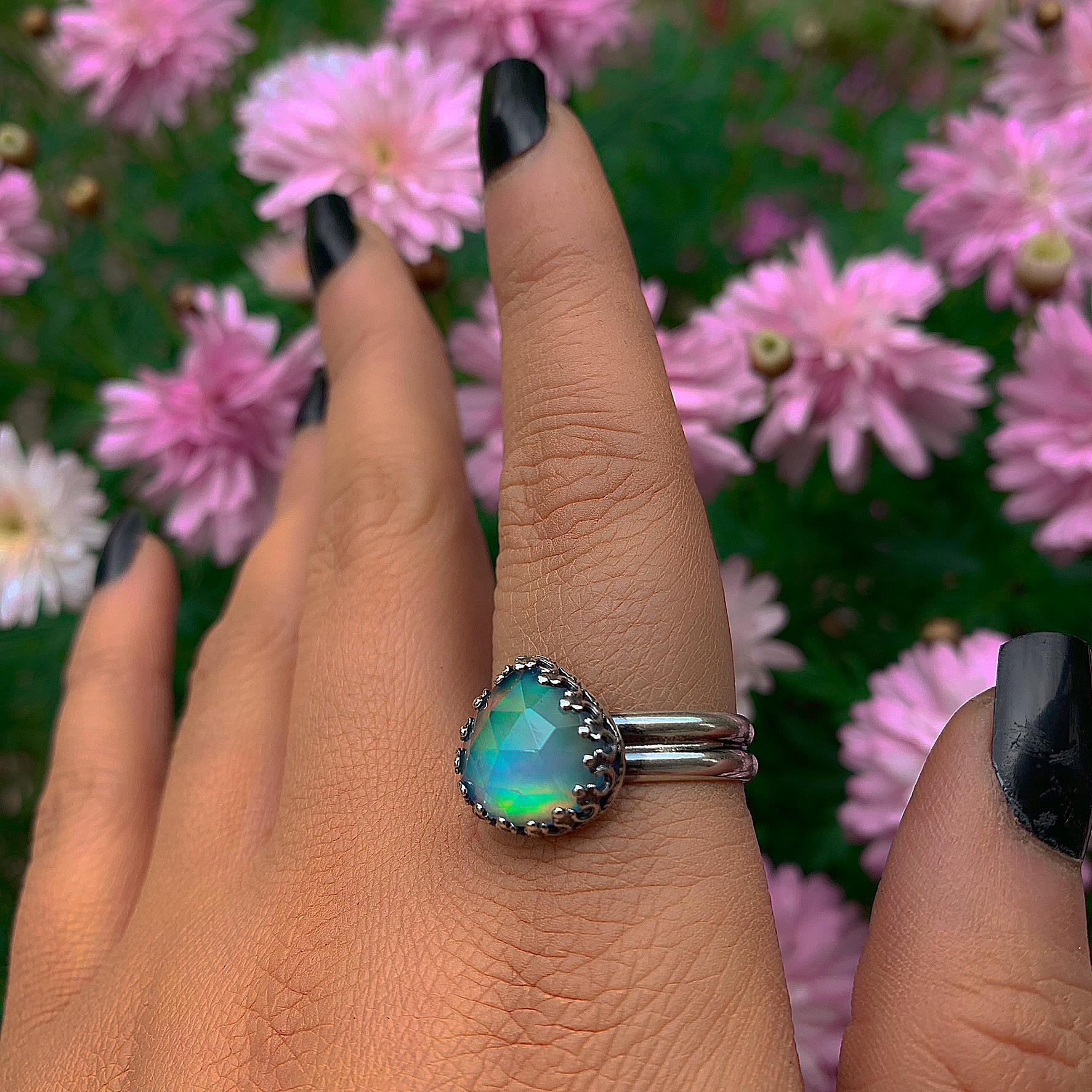 Rose Cut Clear Quartz & Aurora Opal Ring - Size 10 - Sterling Silver