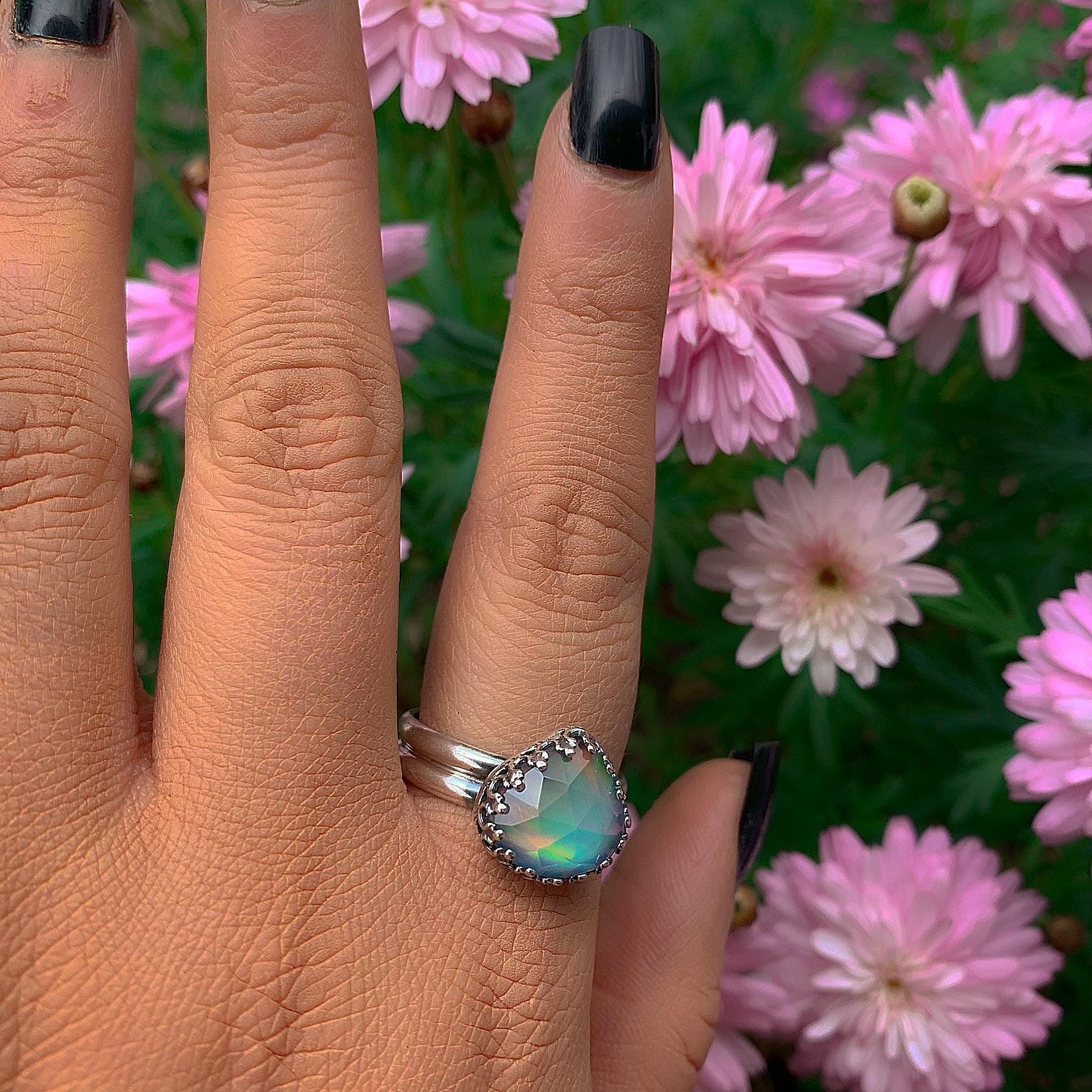 Rose Cut Clear Quartz & Aurora Opal Ring - Size 10 - Sterling Silver