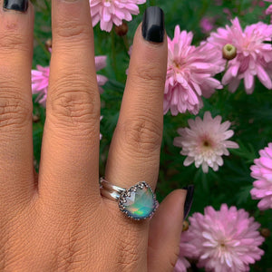 Rose Cut Clear Quartz & Aurora Opal Ring - Size 10 - Sterling Silver