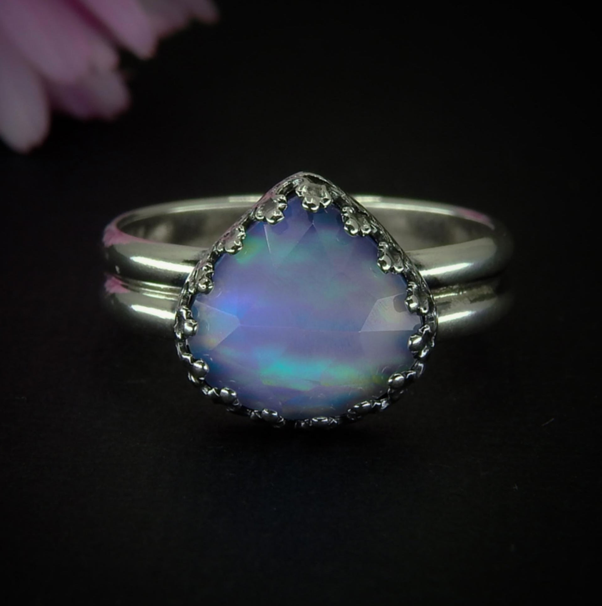 Rose Cut Clear Quartz & Aurora Opal Ring - Size 10 - Sterling Silver