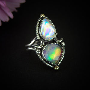 Rose Cut Clear Quartz with Aurora Opal & Angel Aura Quartz Ring - Size 8 1/4 - Sterling Silver