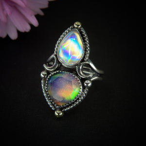 Rose Cut Clear Quartz with Aurora Opal & Angel Aura Quartz Ring - Size 8 1/4 - Sterling Silver