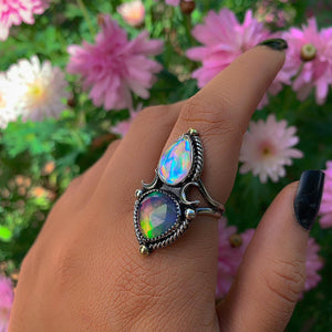Rose Cut Clear Quartz with Aurora Opal & Angel Aura Quartz Ring - Size 8 1/4 - Sterling Silver