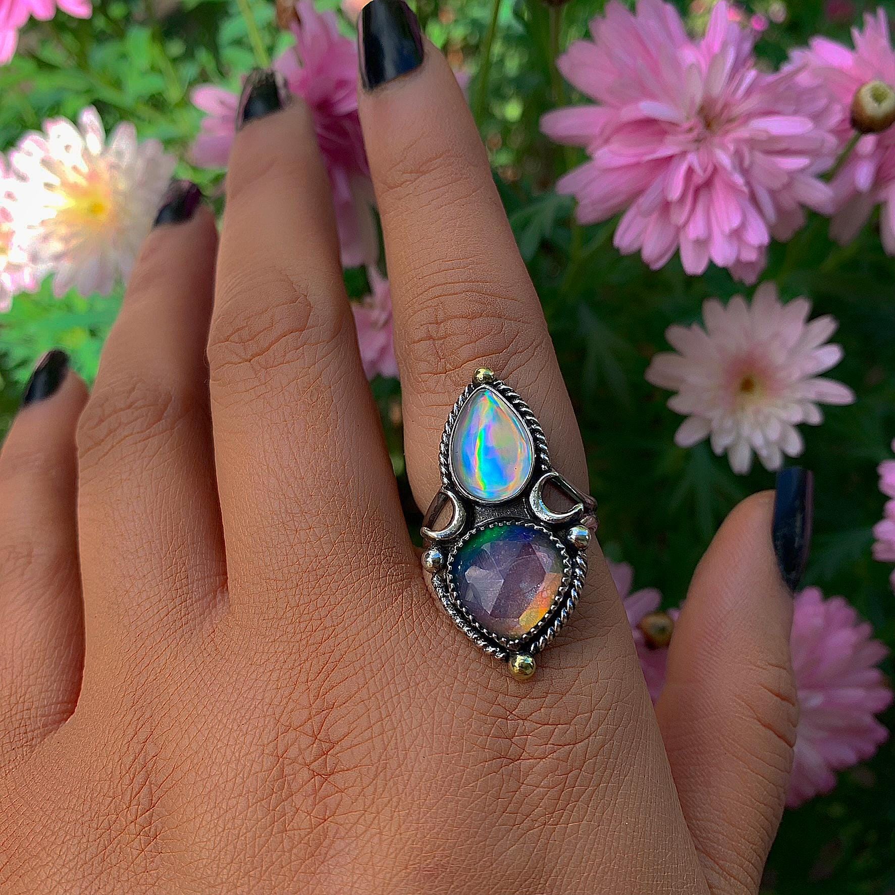 Rose Cut Clear Quartz with Aurora Opal & Angel Aura Quartz Ring - Size 8 1/4 - Sterling Silver