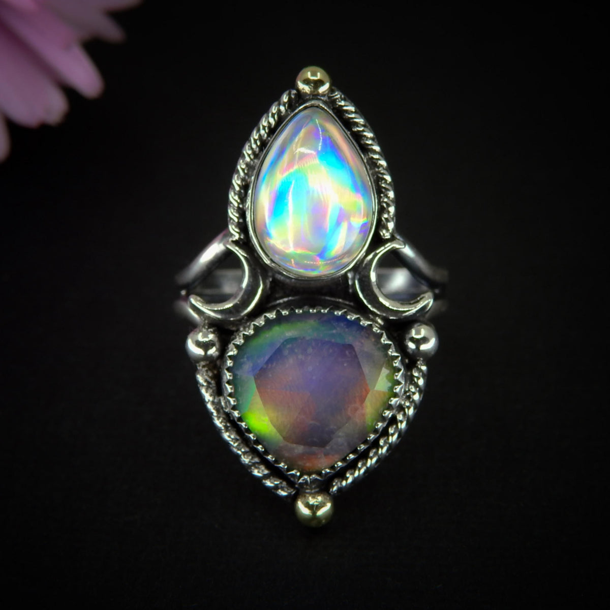 Rose Cut Clear Quartz with Aurora Opal & Angel Aura Quartz Ring - Size 8 1/4 - Sterling Silver