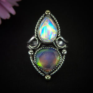 Rose Cut Clear Quartz with Aurora Opal & Angel Aura Quartz Ring - Size 8 1/4 - Sterling Silver