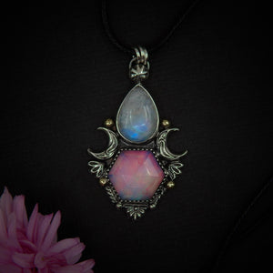 Moonstone & Rose Cut Clear Quartz with Aurora Opal Pendant - Sterling Silver