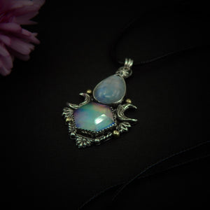 Moonstone & Rose Cut Clear Quartz with Aurora Opal Pendant - Sterling Silver