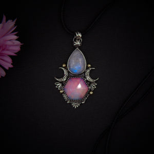 Moonstone & Rose Cut Clear Quartz with Aurora Opal Pendant - Sterling Silver