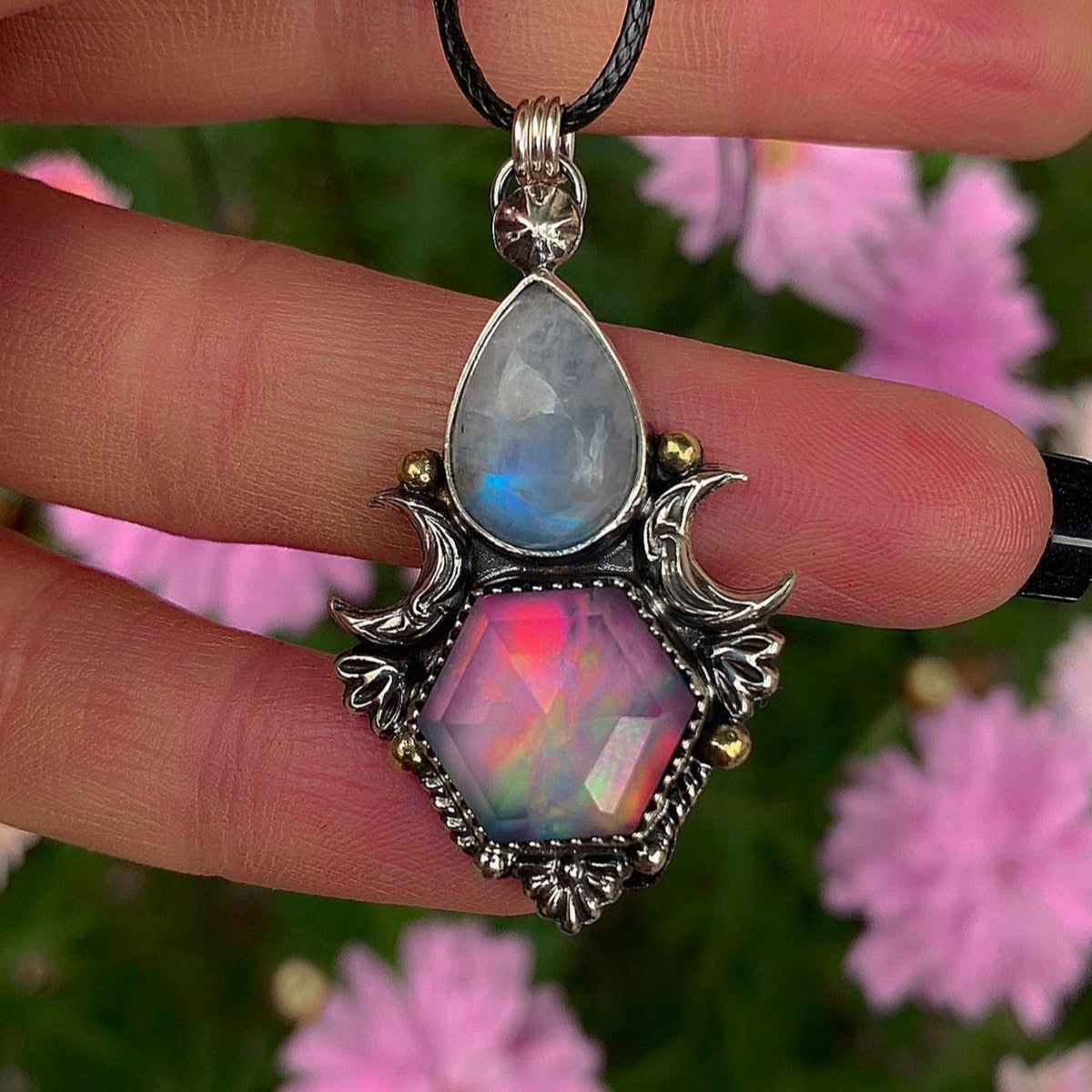 Moonstone & Rose Cut Clear Quartz with Aurora Opal Pendant - Sterling Silver