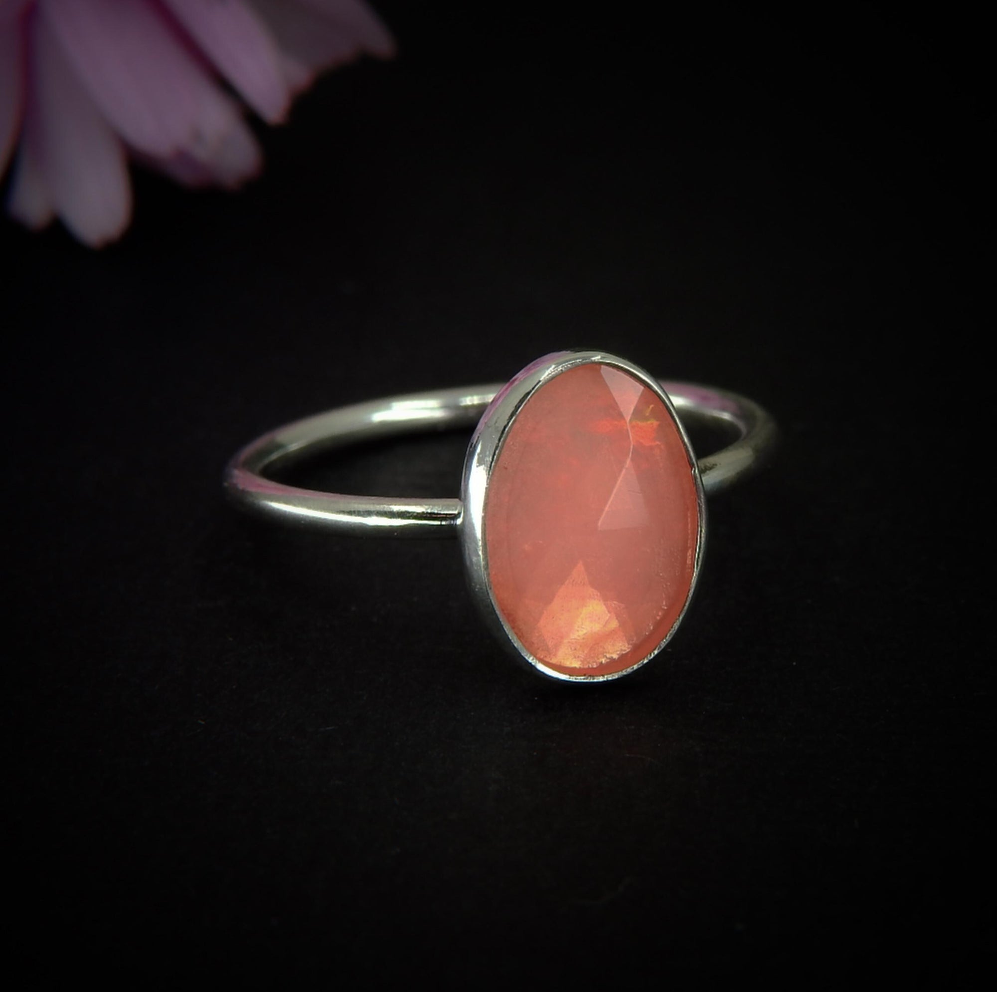 Rose Cut Peach-Pink Opal Ring - Size 8 - Sterling Silver