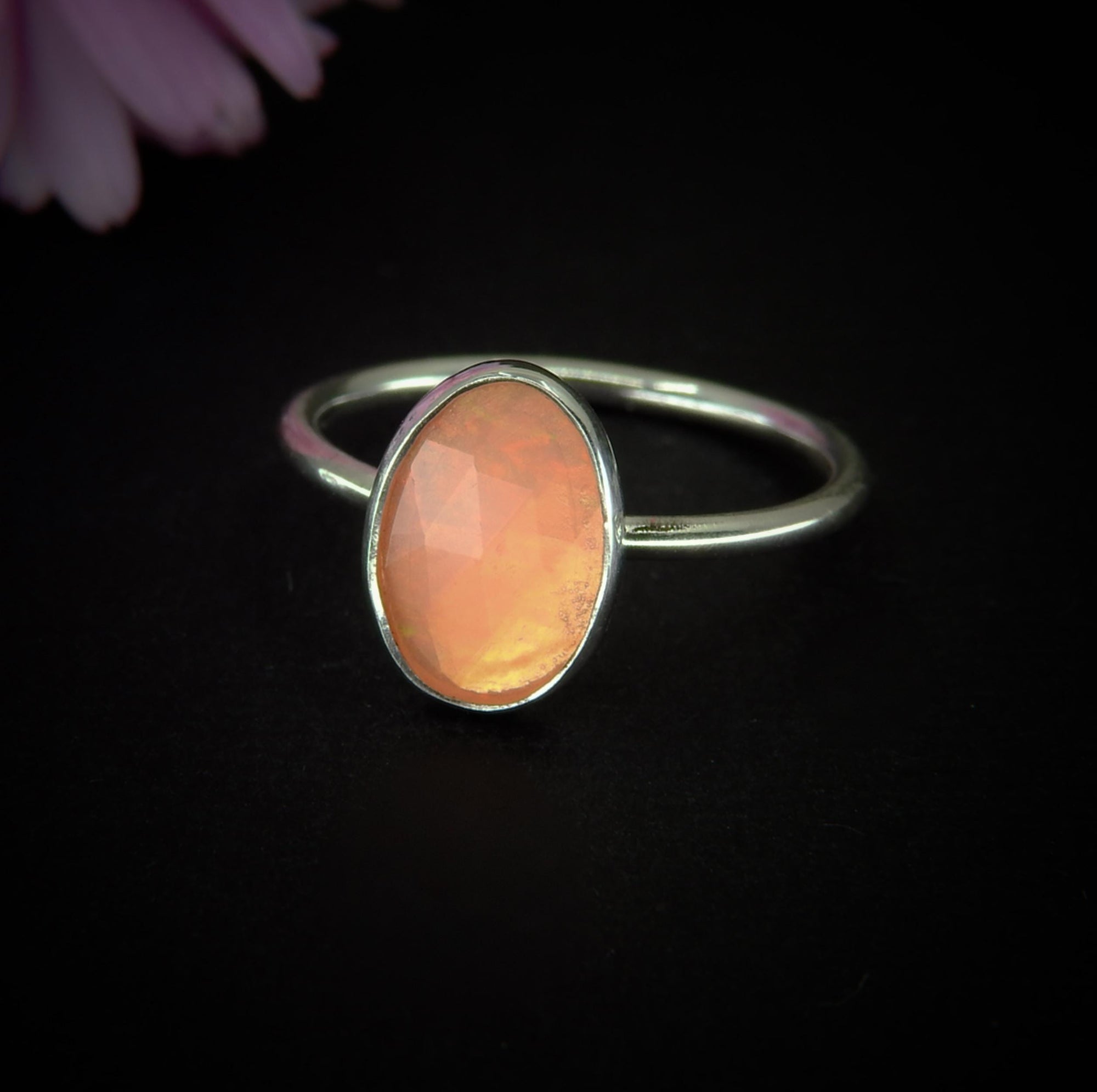 Rose Cut Peach-Pink Opal Ring - Size 8 - Sterling Silver