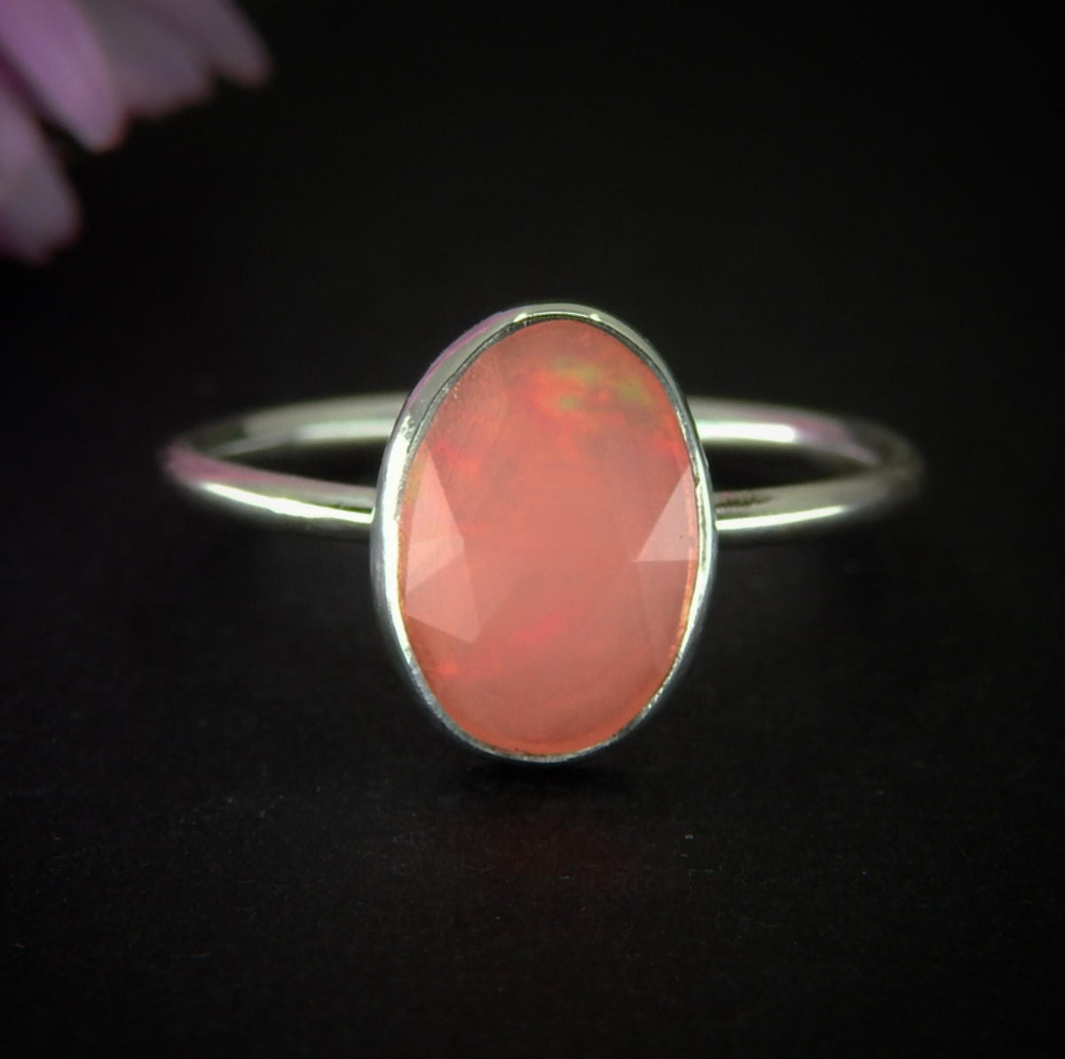 Rose Cut Peach-Pink Opal Ring - Size 8 - Sterling Silver