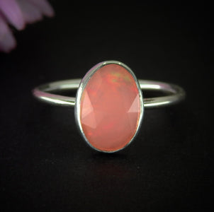 Rose Cut Peach-Pink Opal Ring - Size 8 - Sterling Silver