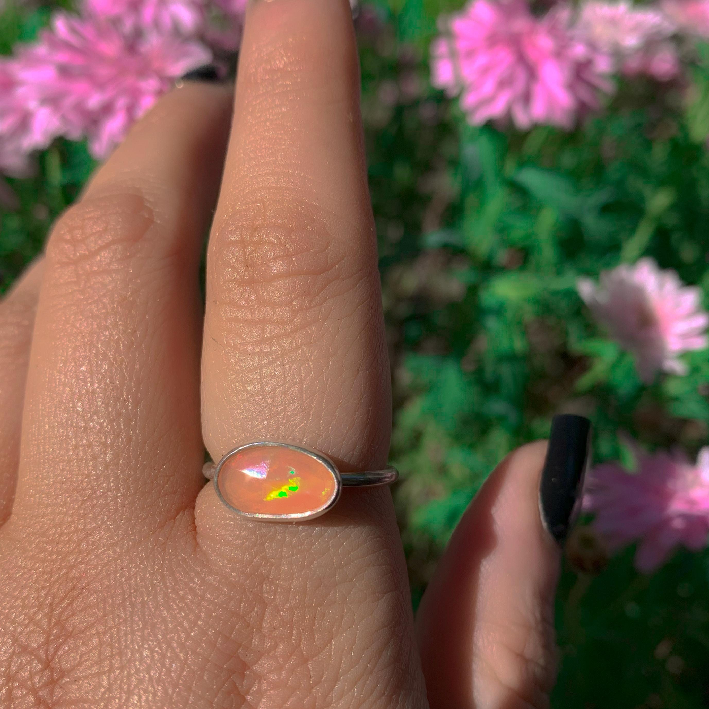 Rose Cut Peach-Pink Opal Ring - Size 7 1/4 - Sterling Silver