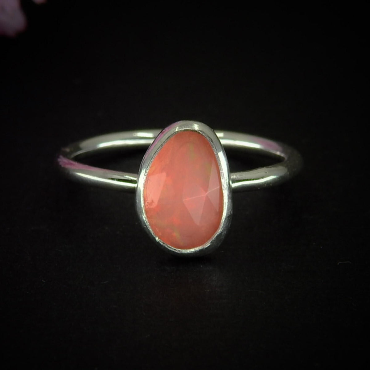 Rose Cut Peach-Pink Opal Ring - Size 6 1/4 - Sterling Silver