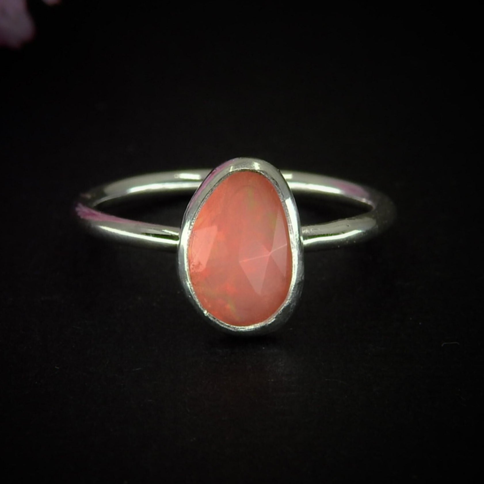Rose Cut Peach-Pink Opal Ring - Size 6 1/4 - Sterling Silver