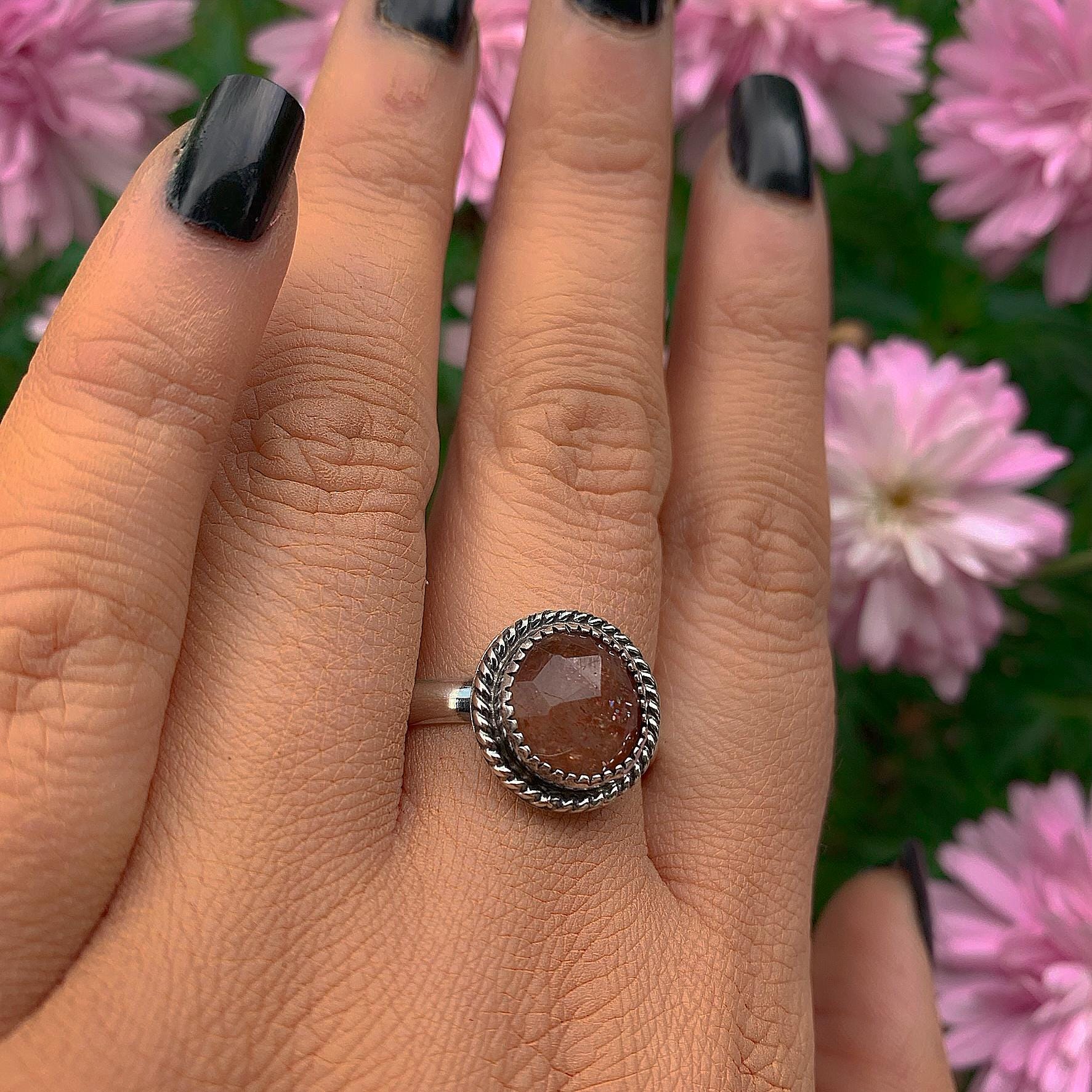 Rose Cut Sunstone Ring - Size 12 - Sterling Silver