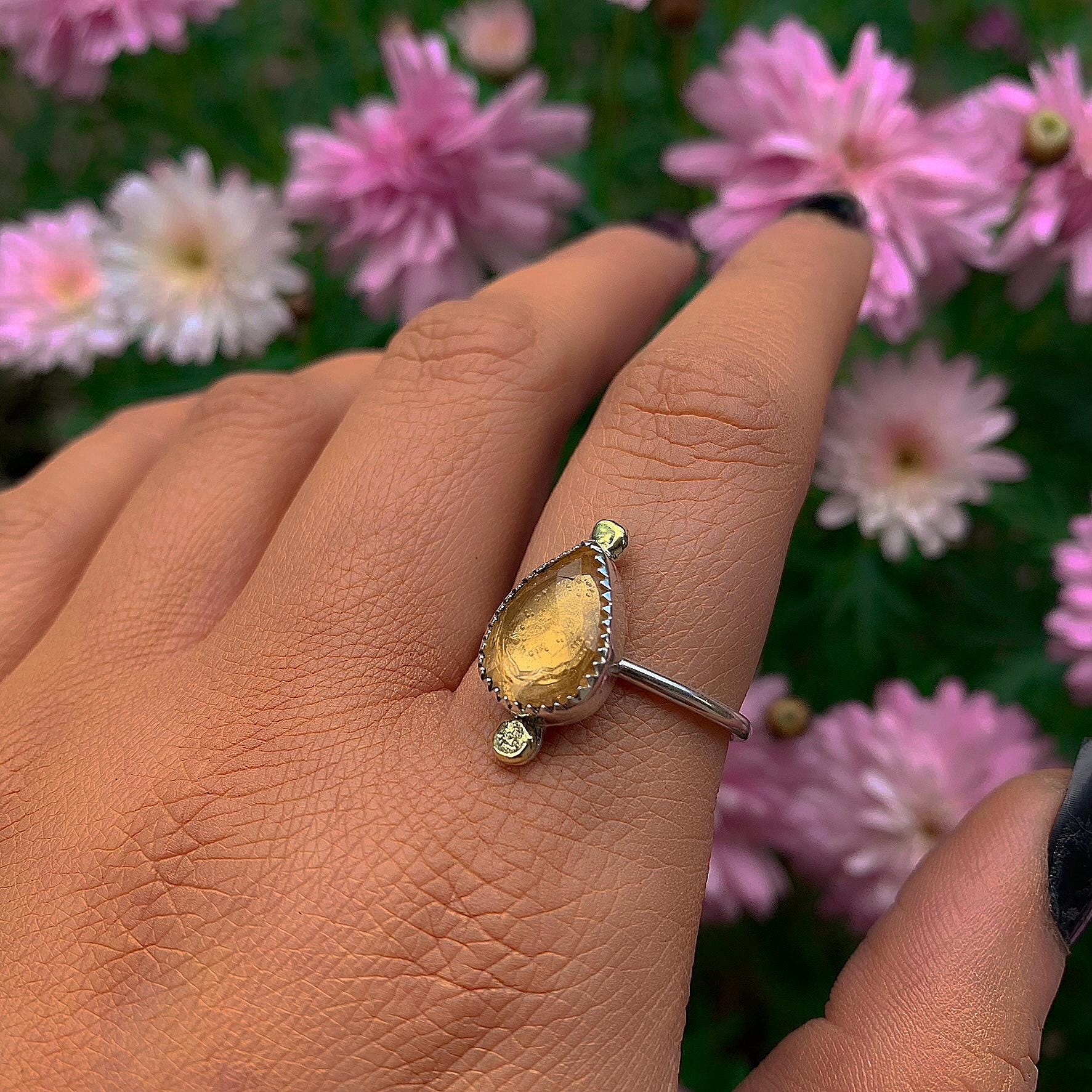 Rose Cut Citrine Ring - Size 9 to 9 1/4 - Sterling Silver